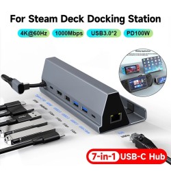 7 in 1 USB C Aluminum Docking Station with 4K HD USB3.0 PD Charge 1000M for Mobile Switch Steam Deck 