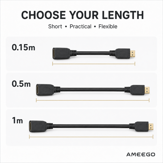 AMEEGO HDMI Male to Female Extension Cable – 4K 60Hz, HDR10, 15Gbps, Black