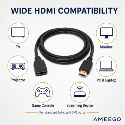 AMEEGO HDMI Male to Female Extension Cable – 4K 60Hz, HDR10, 15Gbps, Black