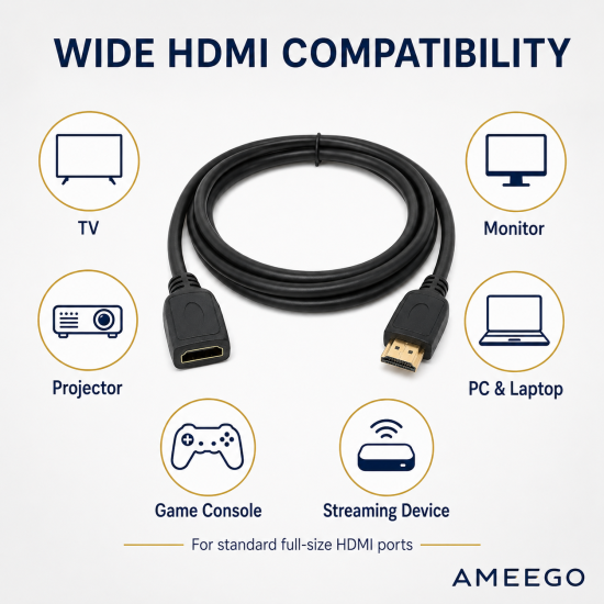AMEEGO HDMI Male to Female Extension Cable – 4K 60Hz, HDR10, 15Gbps, Black