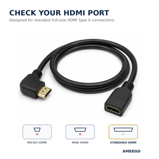 Right Angled HDMI Extension Gold Plated Cable Male to Female Adapter  0.5m / 1m (C-063)  