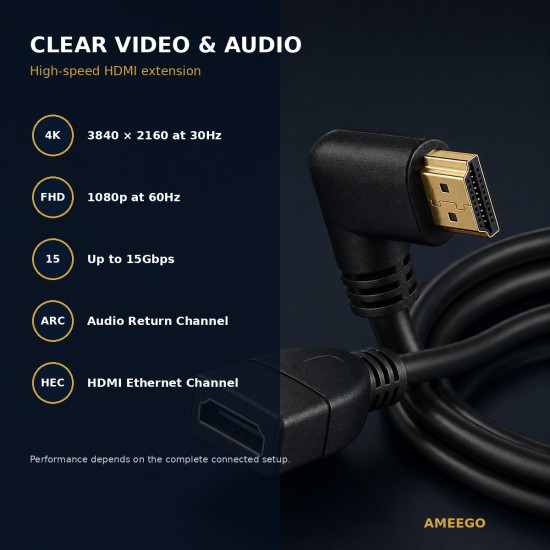 Right Angled HDMI Extension Gold Plated Cable Male to Female Adapter  0.5m / 1m (C-063)  