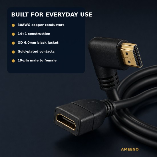 Right Angled HDMI Extension Gold Plated Cable Male to Female Adapter  0.5m / 1m (C-063)  