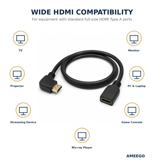 Right Angled HDMI Extension Gold Plated Cable Male to Female Adapter  0.5m / 1m (C-063)  