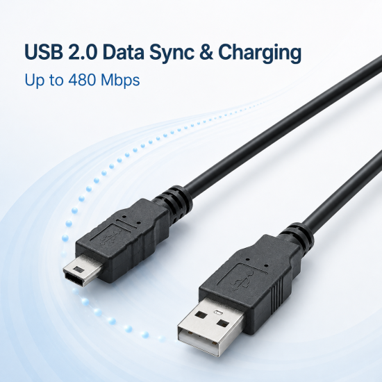 USB 2.0 Type-A to Mini USB-B 5-Pin Data & Charging Cable – 1m / 2m / 3m