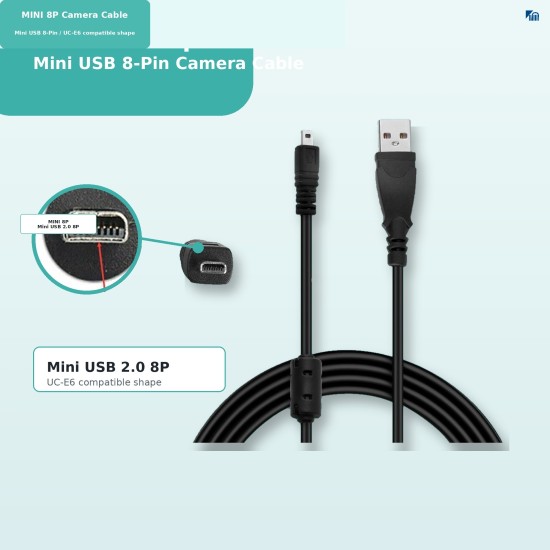 Replacement USB-A to UC-E6 Mini 8-Pin Camera Data & Charging Cable with Ferrite Core (1m), Compatible with Selected Nikon, Sanyo and Other Digital Cameras