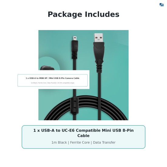 Replacement USB-A to UC-E6 Mini 8-Pin Camera Data & Charging Cable with Ferrite Core (1m), Compatible with Selected Nikon, Sanyo and Other Digital Cameras