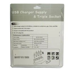 3 Port Socket Car Cigarette Lighter & USB Adaptor - Black