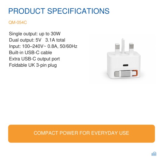 AMEEGO 30W GaN UK Charger with Retractable USB-C or Lightning-Compatible Cable & USB-C Port