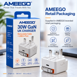 AMEEGO 30W GaN UK Charger with Retractable USB-C or Lightning-Compatible Cable & USB-C Port