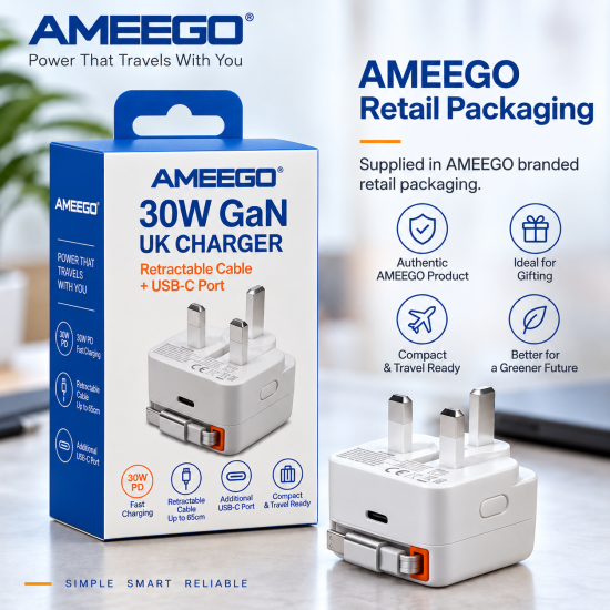 AMEEGO 30W GaN UK Charger with Retractable USB-C or Lightning-Compatible Cable & USB-C Port