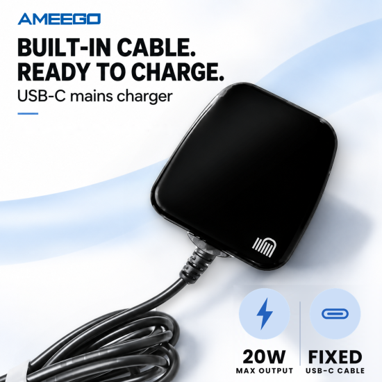AMEEGO 20W USB-C Mains Charger with Built-in Cable for USB-C Phone or Nintendo Switch 