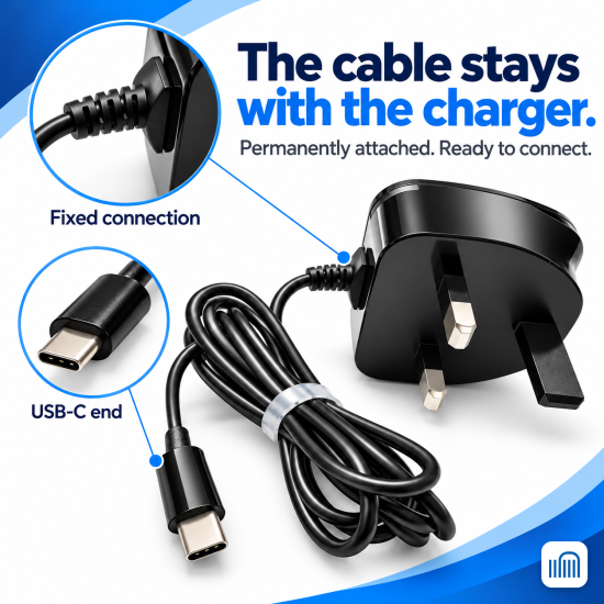 AMEEGO 20W USB-C Mains Charger with Built-in Cable for USB-C Phone or Nintendo Switch 