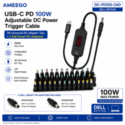 AMEEGO USB-C PD to DC Power Cable 100W – 5.5 x 2.5mm Adjustable DC Power Trigger Cables with 34 Universal DC Adapter Tips 