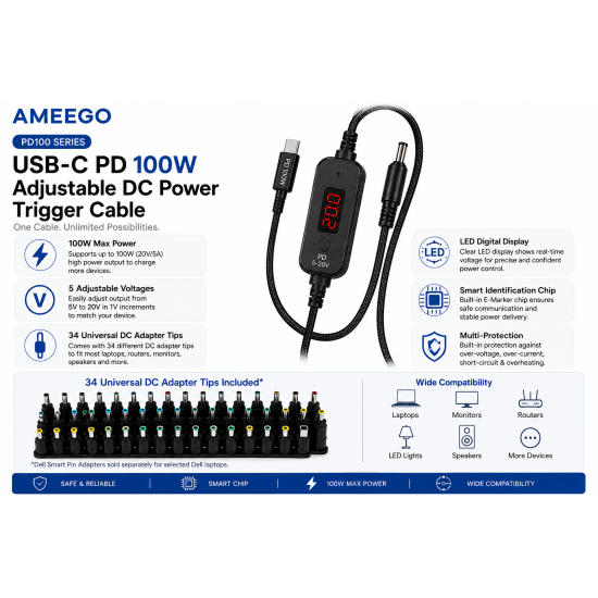 AMEEGO USB-C PD to DC Power Cable 100W – 5.5 x 2.5mm Adjustable DC Power Trigger Cables with 34 Universal DC Adapter Tips 