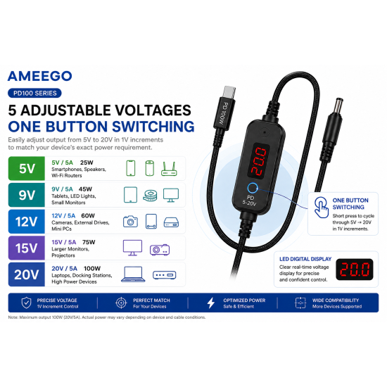 AMEEGO USB-C PD to DC Power Cable 100W – 5.5 x 2.5mm Adjustable DC Power Trigger Cables with 34 Universal DC Adapter Tips 