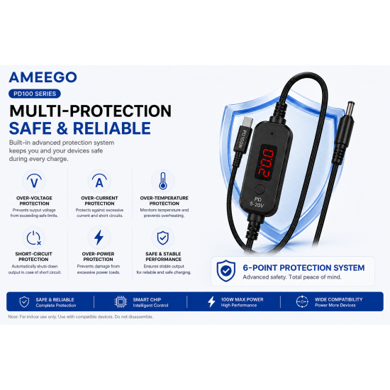 AMEEGO USB-C PD to DC Power Cable 100W – 5.5 x 2.5mm Adjustable DC Power Trigger Cables with 34 Universal DC Adapter Tips 