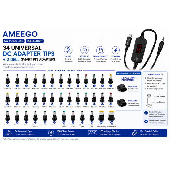AMEEGO USB-C PD to DC Power Cable 100W – 5.5 x 2.5mm Adjustable DC Power Trigger Cables with 34 Universal DC Adapter Tips 