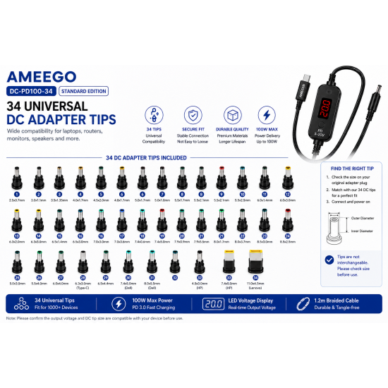 AMEEGO USB-C PD to DC Power Cable 100W – 5.5 x 2.5mm Adjustable DC Power Trigger Cables with 34 Universal DC Adapter Tips 
