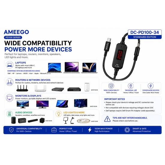 AMEEGO USB-C PD to DC Power Cable 100W – 5.5 x 2.5mm Adjustable DC Power Trigger Cables with 34 Universal DC Adapter Tips 