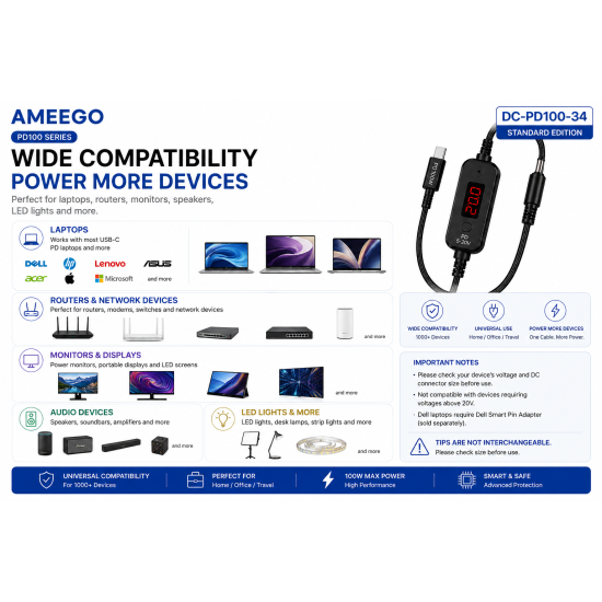 AMEEGO USB-C PD to DC Power Cable 100W – 5.5 x 2.5mm Adjustable DC Power Trigger Cables with 34 Universal DC Adapter Tips 