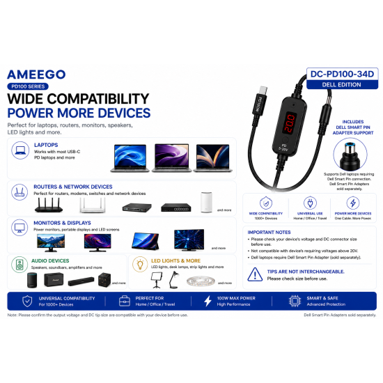 AMEEGO USB-C PD to DC Power Cable 100W – 5.5 x 2.5mm Adjustable DC Power Trigger Cables with 34 Universal DC Adapter Tips 