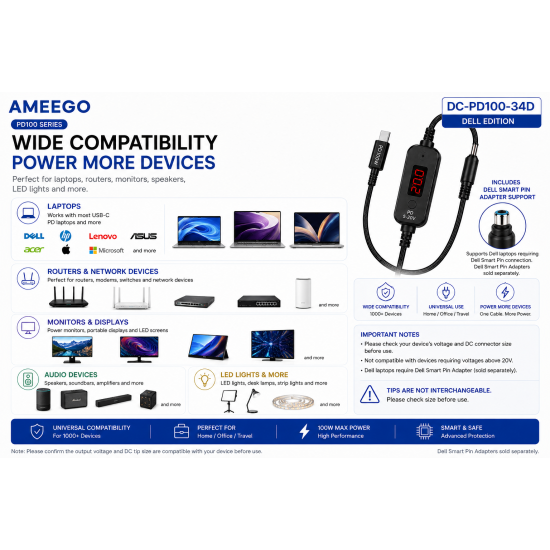 AMEEGO USB-C PD to DC Power Cable 100W – 5.5 x 2.5mm Adjustable DC Power Trigger Cables with 34 Universal DC Adapter Tips 