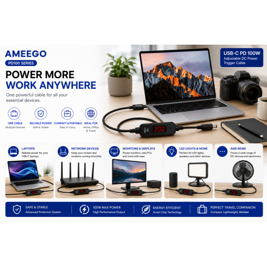 AMEEGO USB-C PD to DC Power Cable 100W – 5.5 x 2.5mm Adjustable DC Power Trigger Cables with 34 Universal DC Adapter Tips 