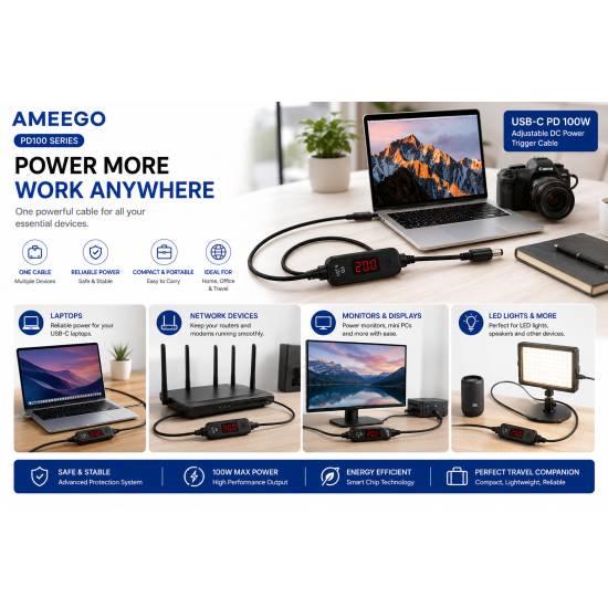 AMEEGO USB-C PD to DC Power Cable 100W – 5.5 x 2.5mm Adjustable DC Power Trigger Cables with 34 Universal DC Adapter Tips 
