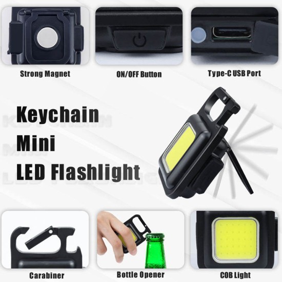 COB Rechargeable Mini Torch Portable High Power LED Keychain Magnetic Work Light with Bottle Opener Supper Bright Camping Lantern Light