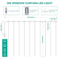 Window Curtain Decorative Lighting  3M*3M 300 LED 8 Lighting Modes Fairy Lights with Hook Remote Timer Christmas Party Fairy String Lights