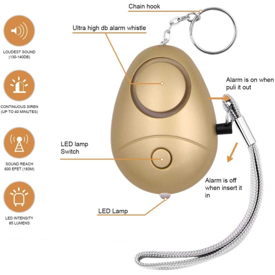 Personal Alarm Keychain 130DB SOS Emergency Self Defense Safety Protection Device with LED Flashlight       