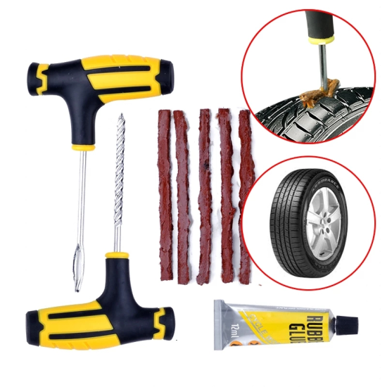 Car Motorcycle Tyre Repair Kit Set (1x file tool. 1x needle tool. 1x rubber solution. 5x repair strips)