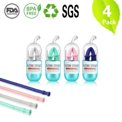 Reusable Collapsible Silicon Straws with Cleaning Brush and Case - 4 Pack