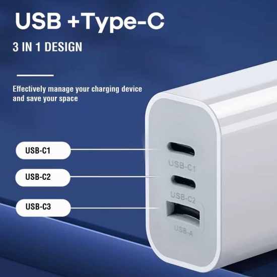 QC4.0 PD3.0 USB-C 65W  Fast Charging 2C1A 3Ports GAN Charger