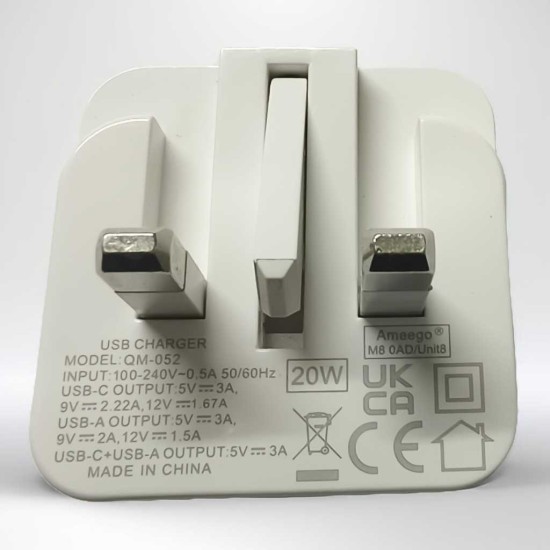 Slimline Lightweight 20W PD Dual Port Fast Charging USB-C + USB-A  Folding Plug 