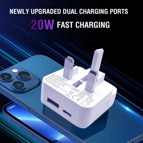 Slimline Lightweight 20W PD Dual Port Fast Charging USB-C + USB-A  Folding Plug 