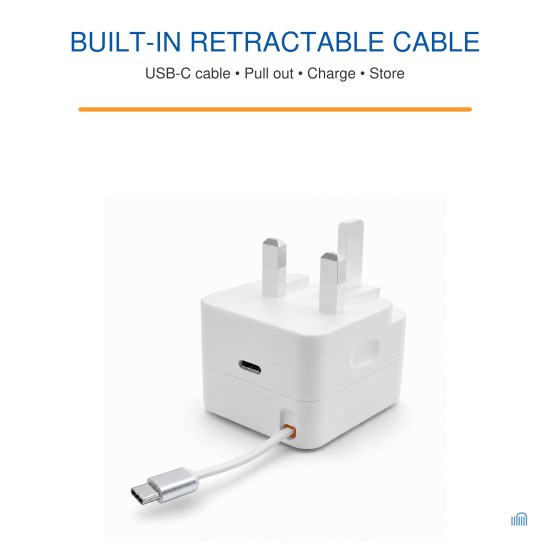 AMEEGO 30W GaN UK Charger with Retractable USB-C Cable & USB-C Port