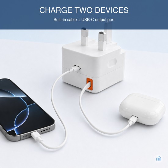 AMEEGO 30W GaN UK Charger with Retractable USB-C Cable & USB-C Port