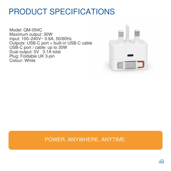 AMEEGO 30W GaN UK Charger with Retractable USB-C Cable & USB-C Port