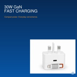 AMEEGO 30W GaN UK Charger with Retractable Lightning-Compatible Cable & USB-C Port