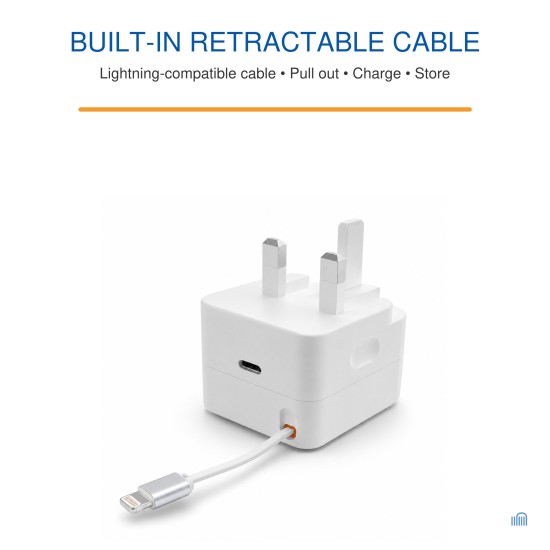 AMEEGO 30W GaN UK Charger with Retractable Lightning-Compatible Cable & USB-C Port