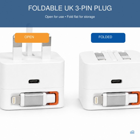 AMEEGO 30W GaN UK Charger with Retractable Lightning-Compatible Cable & USB-C Port