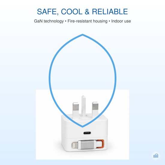 AMEEGO 30W GaN UK Charger with Retractable Lightning-Compatible Cable & USB-C Port