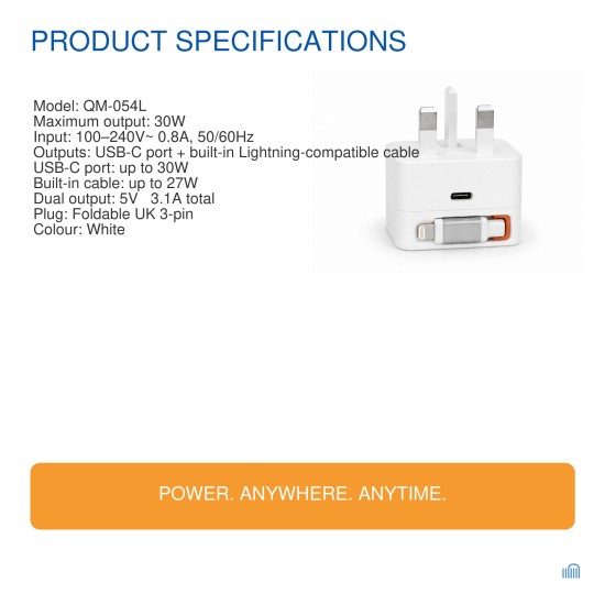 AMEEGO 30W GaN UK Charger with Retractable Lightning-Compatible Cable & USB-C Port