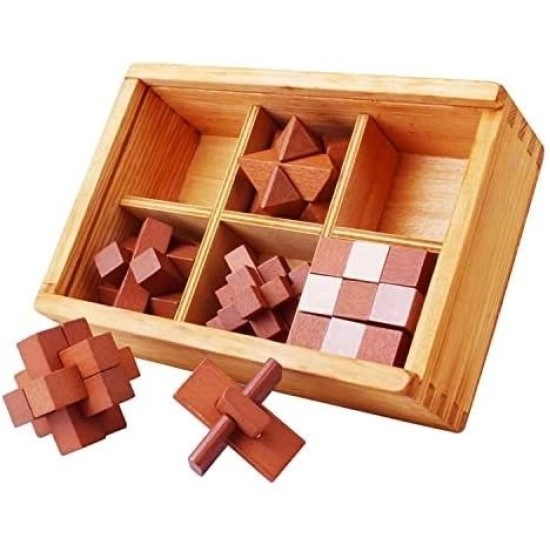 Set of 6 – 3D Brain Teaser Puzzles with Solid Wooden Gift Box 