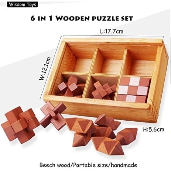 Set of 6 – 3D Brain Teaser Puzzles with Solid Wooden Gift Box 