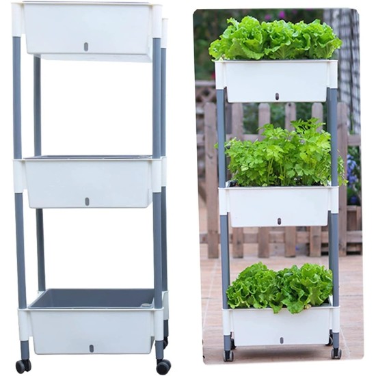 3 Tier Planter Beds on Wheels - White/Grey