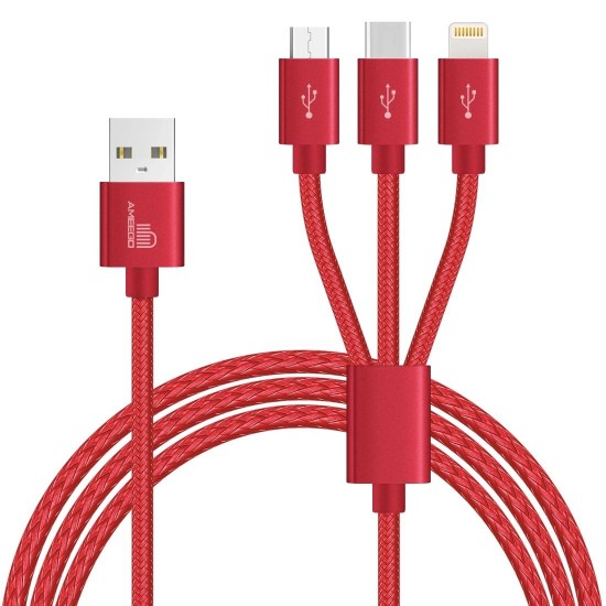 Braided 3-in-12.4amp Fast Charging Cable (8 Pin/Micro/Type-C) 