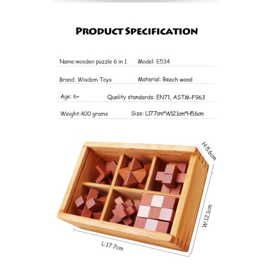 6pcs/set Kongming Lock Brain Teaser Wooden Puzzles in Wooden Gift Box 